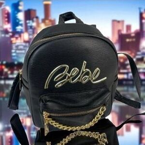 Bebe Black Backpack with Gold Chain Detail